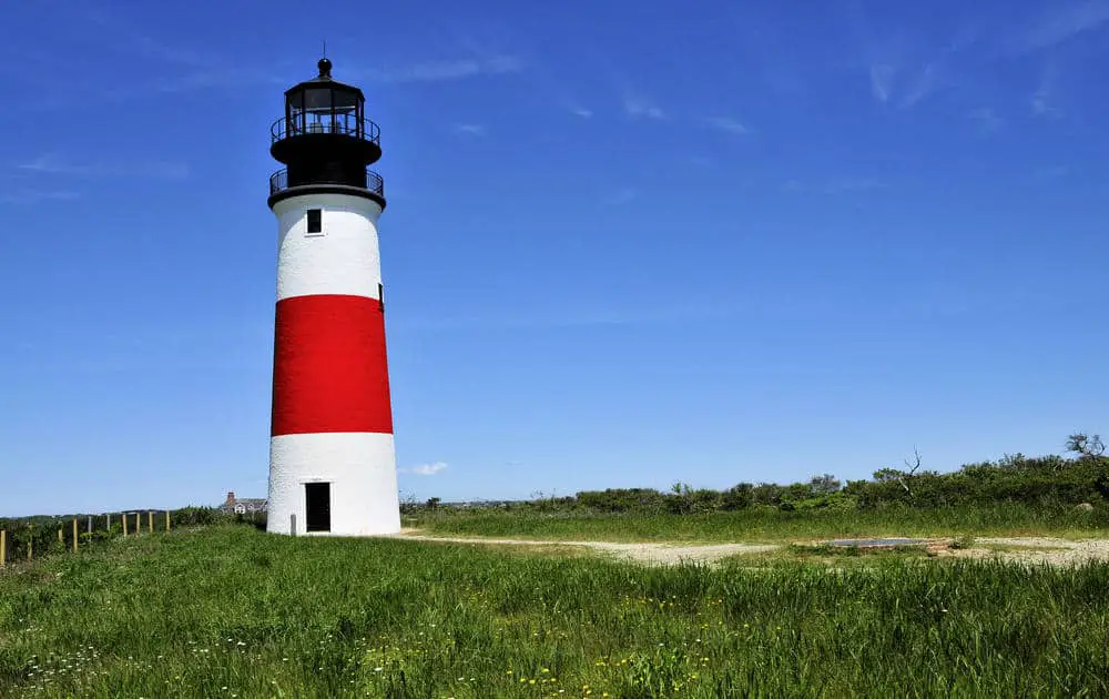 Sankaty Head Lighthouse is a brick structure built in 1850 painted white and red