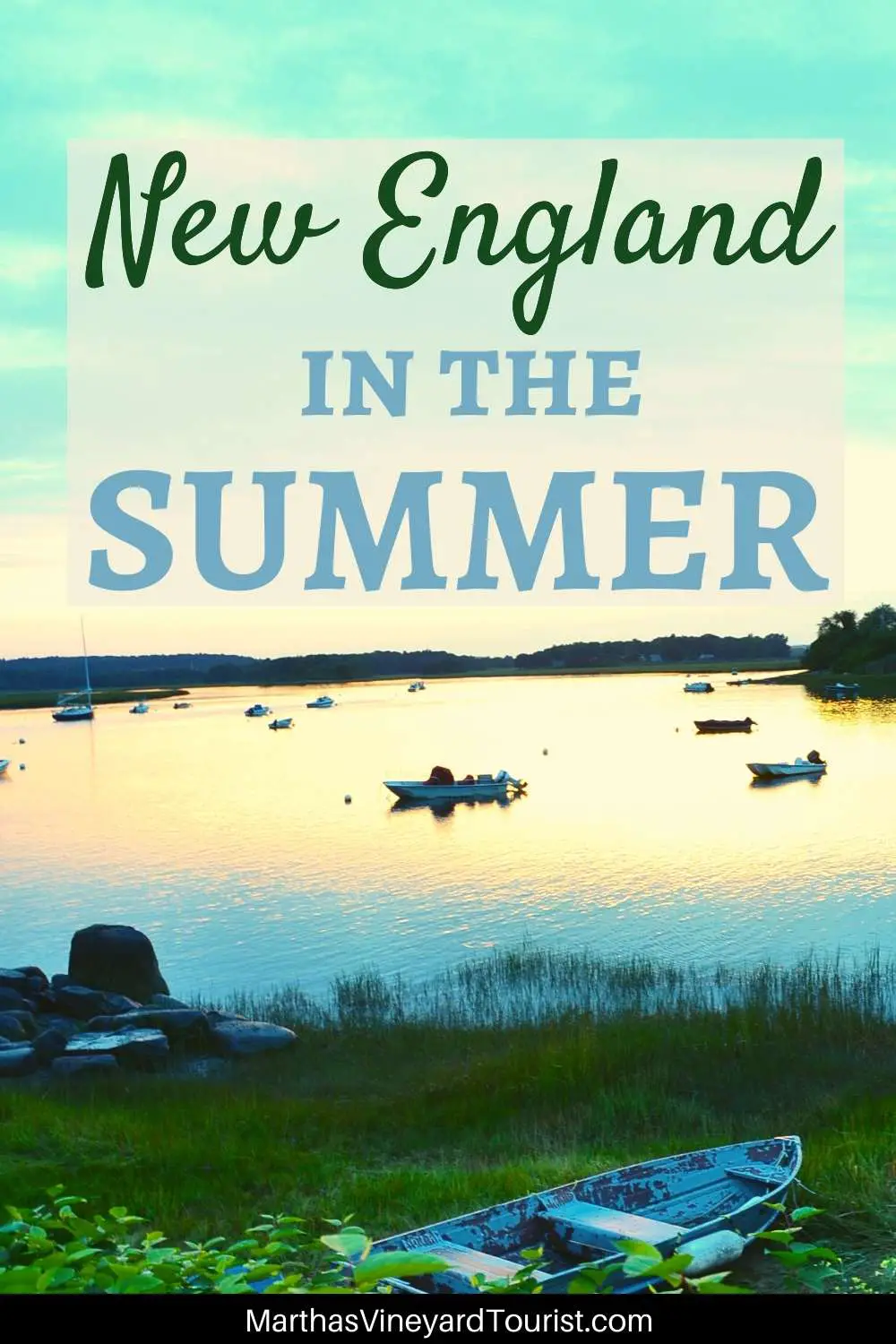 Pinterest imagoes a New England harbor with boats at sunset and with the text: "New England in the summer"