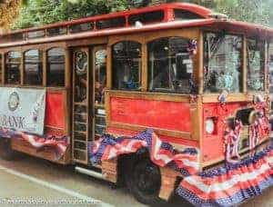Edgartown trolley with bunting for July 4th parade