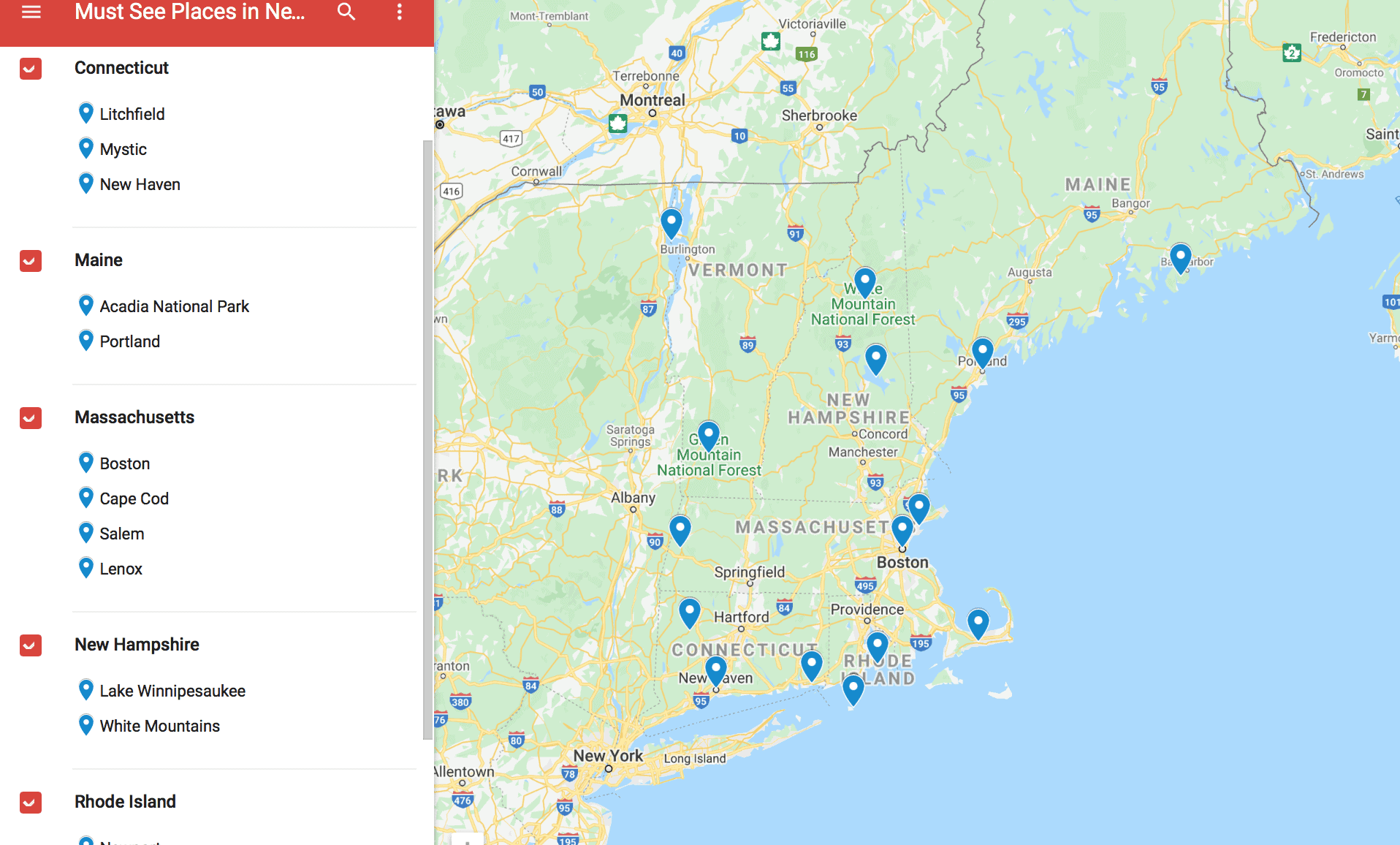 map of 15 must see places in New England 