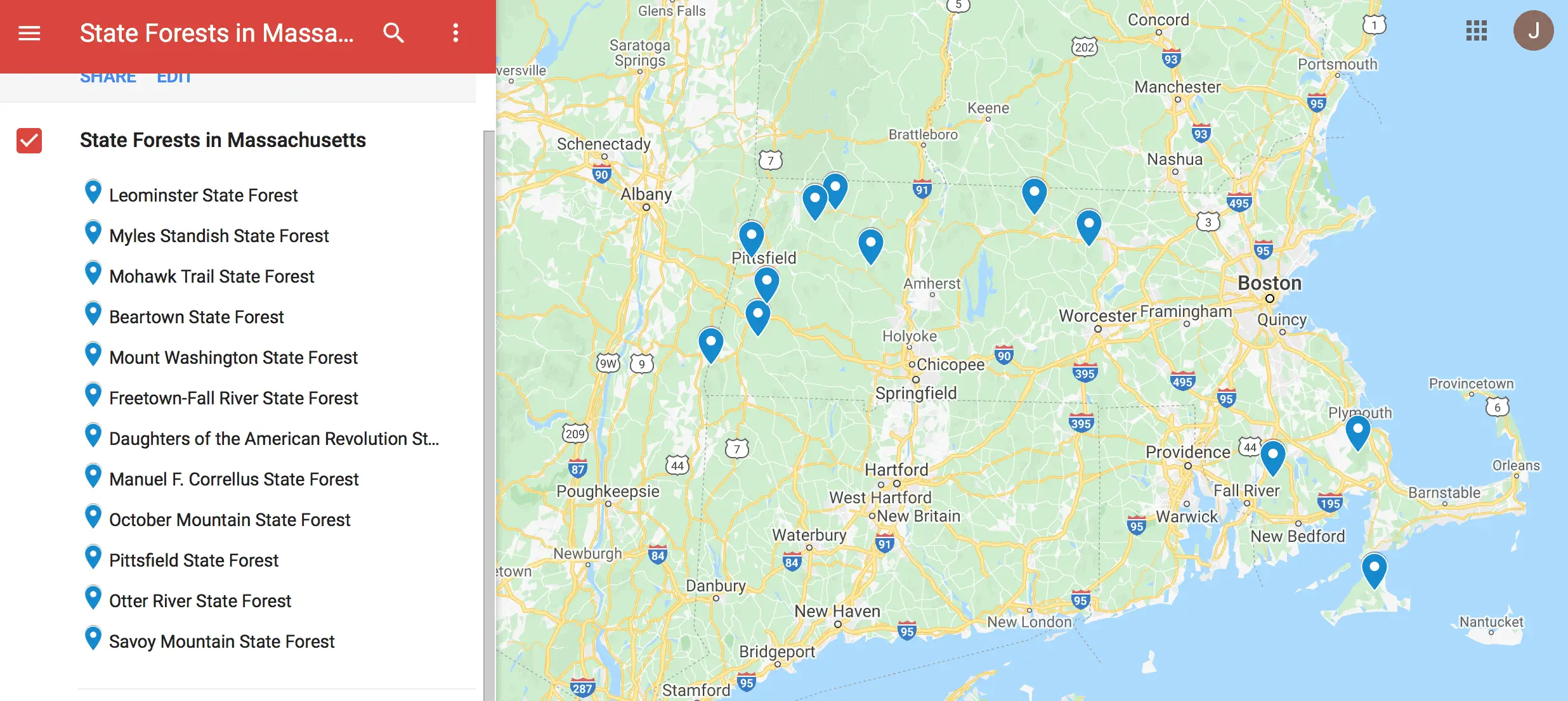 Map of State Forests in Massachusetts