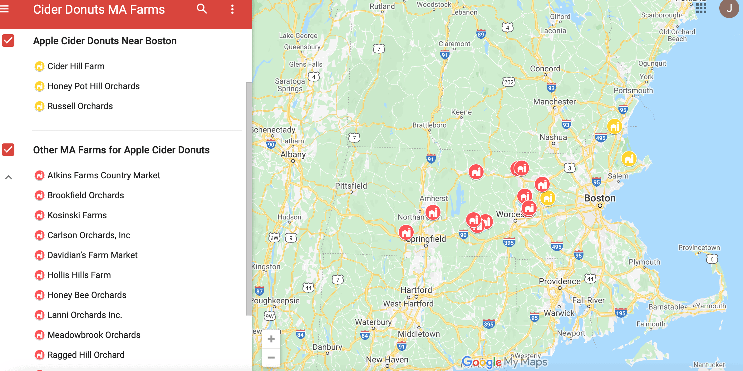map of apple cider donuts that you can get at Massachusetts farms
