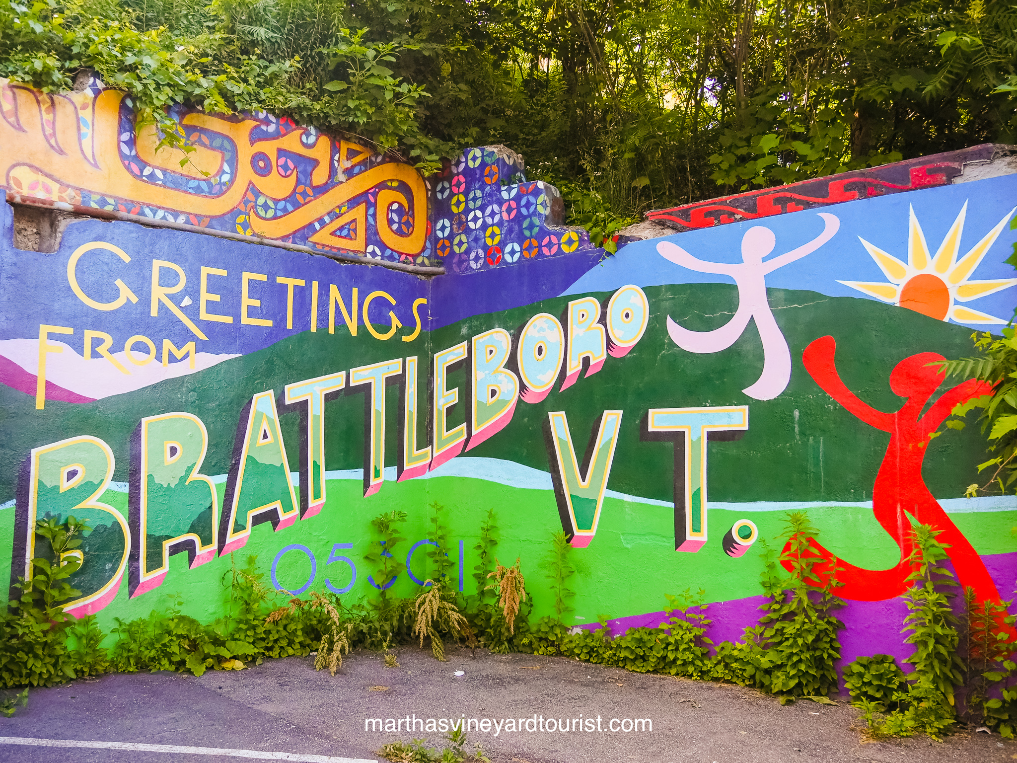 street art that says Greetings from Brattleboro Vermont
