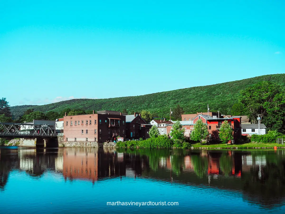waterfront vistas over the Deerfield River in the town of Shelburne Falls