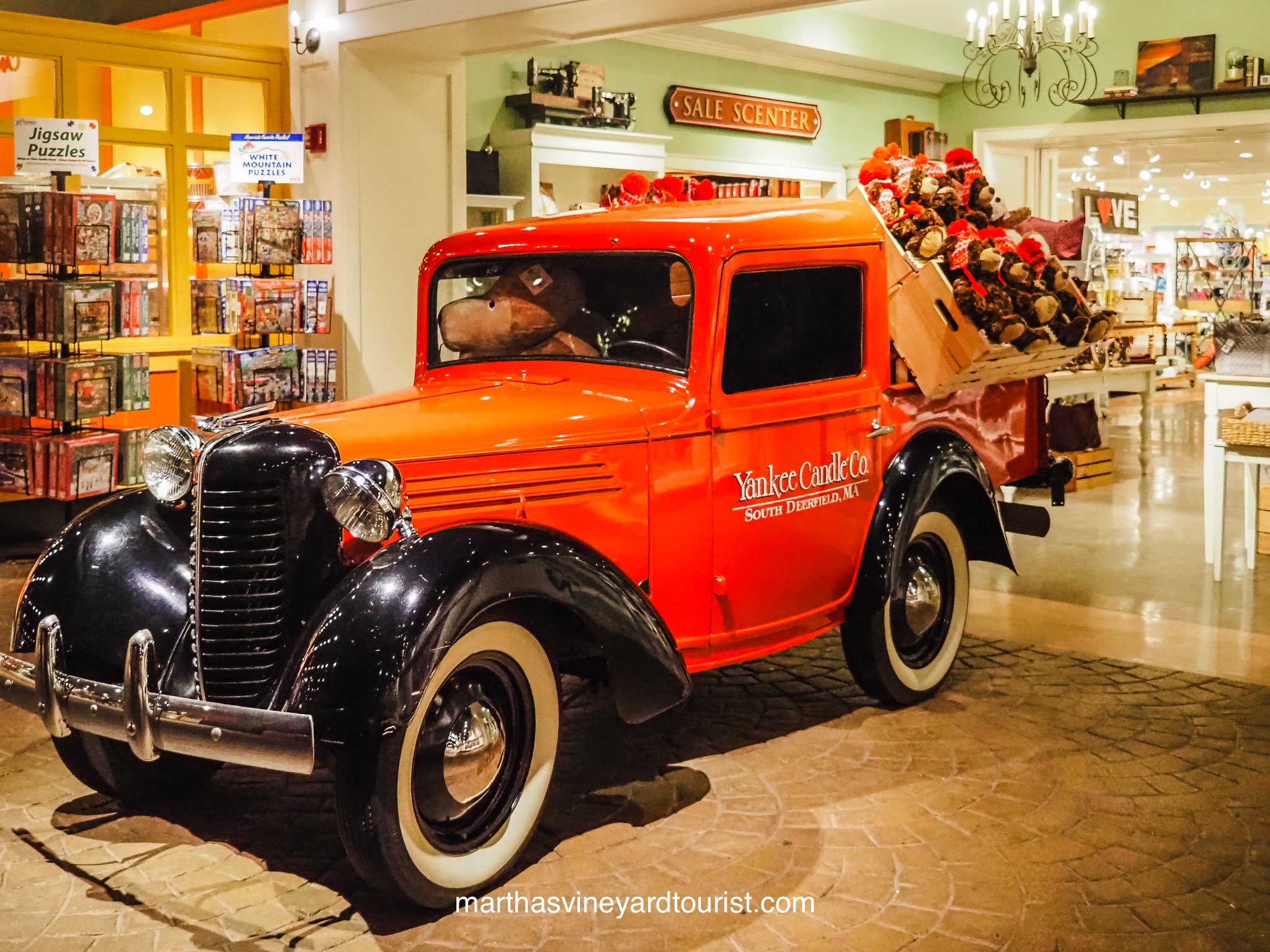 red truck filled with teddy bears at the Yankee Candle Store in Deerfield MA