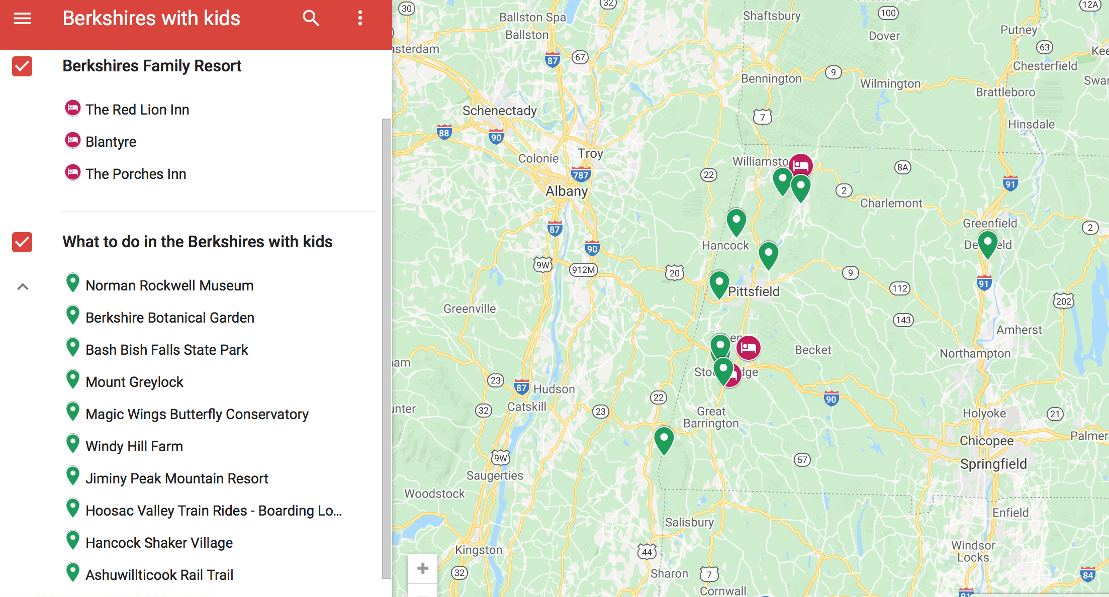 A map of Berkshires MA with things to do for kids