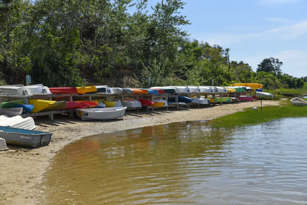 A line up of kayaks at Polpis harbor in Nantucket