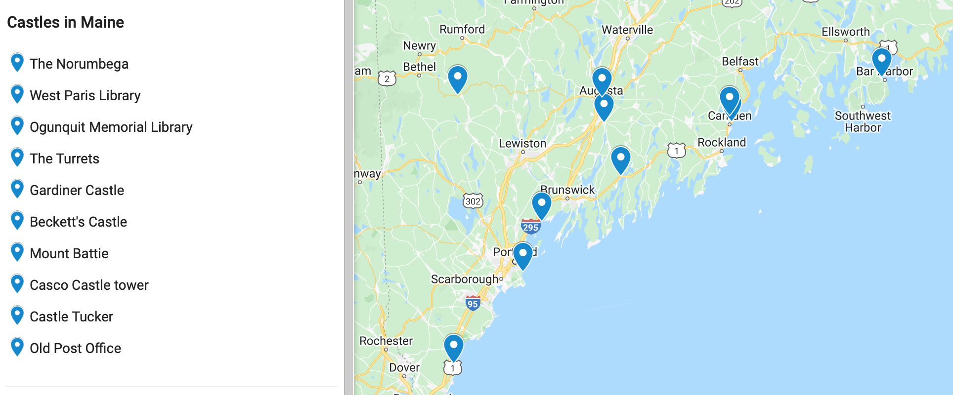 map of castles in Maine