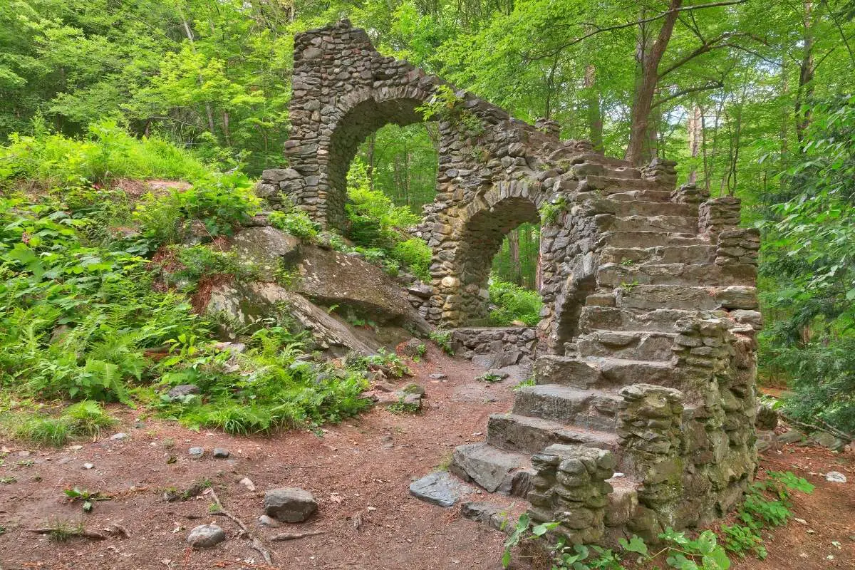 The remains of a grand staircase at Madame Sherri's Castle New Hampshire.