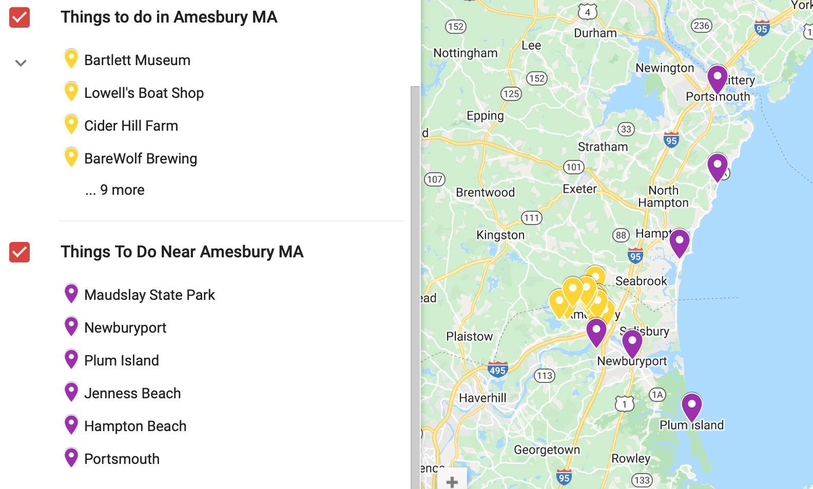 Amesbury MA map of things to do