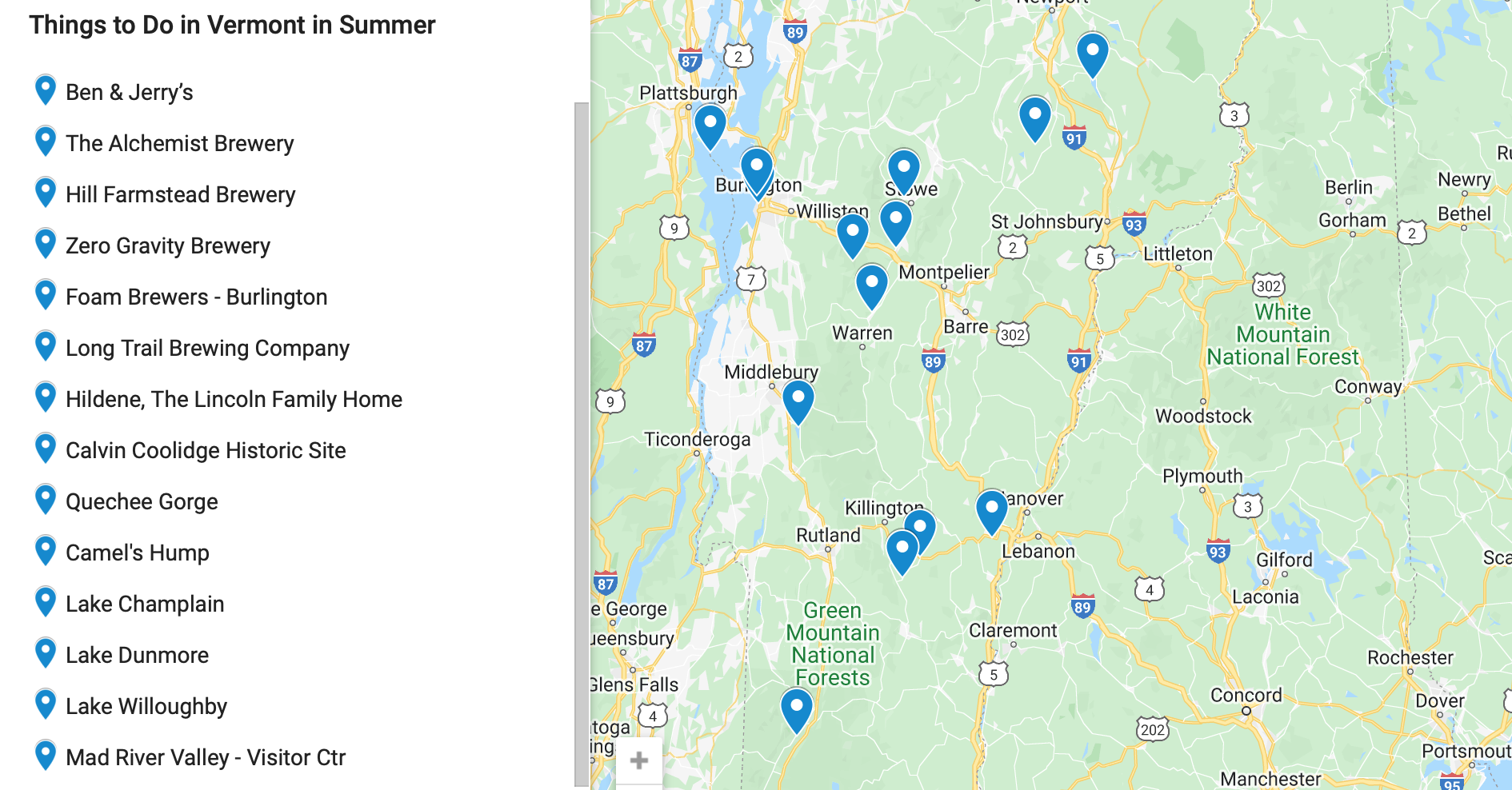 Map of things to do in Vermont in summer